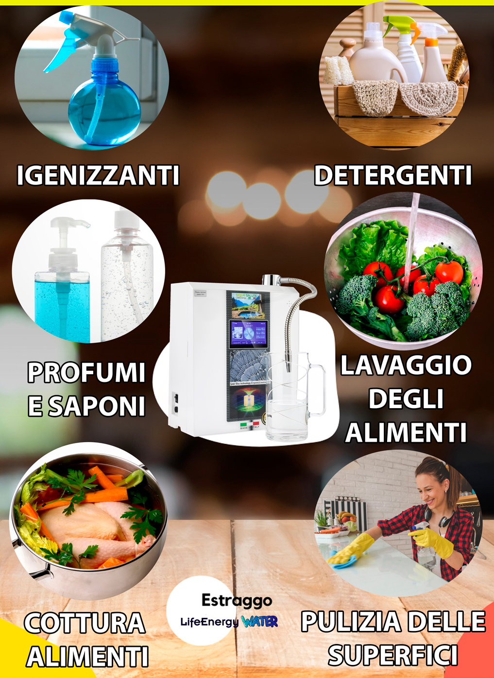 Usi dell'acqua alcalina e acida erogata dallo ionizzatore d'acqua LifeEnergy Water, puoi usarla per lavare frutta e verdura, cucinare gl ialimenti, preparare tisane, igenizzare le superfici e preparare detergenti, smacchianti e sgrassatori 
